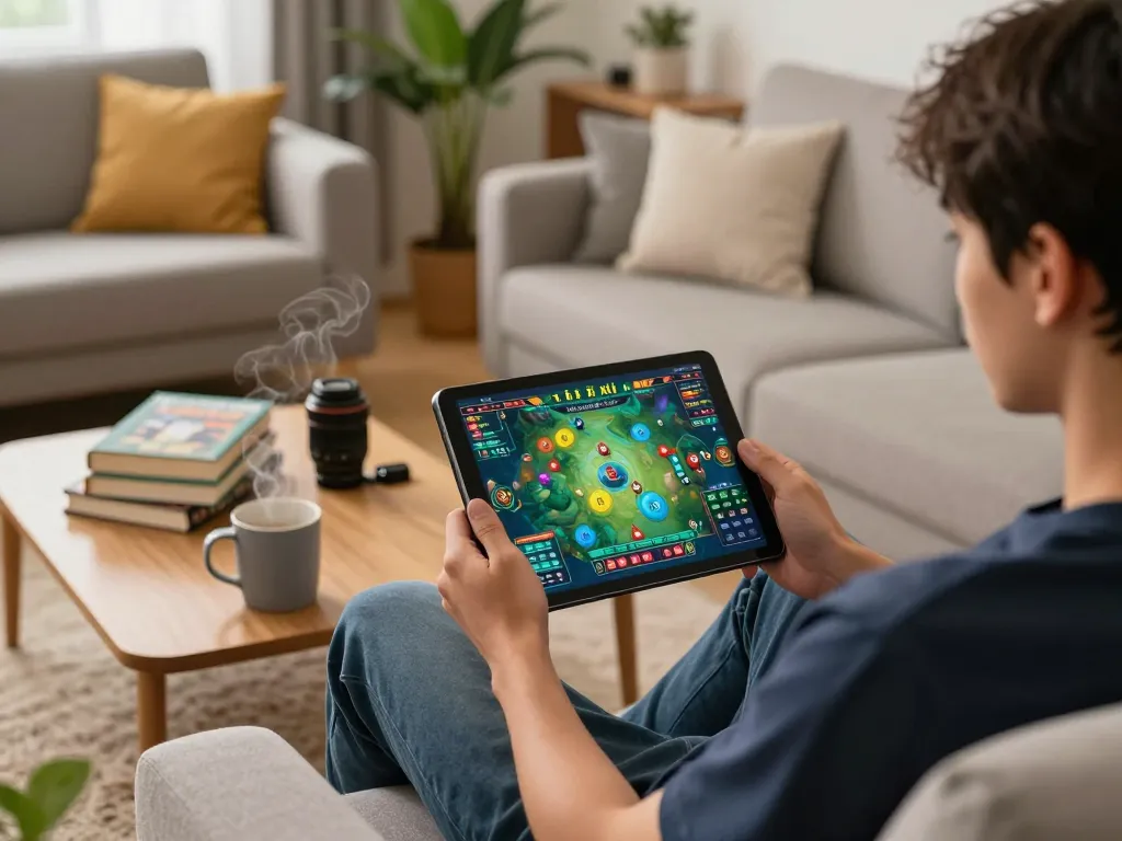Engaging home gaming scene with a person playing game tài xỉu on a tablet, showcasing a cozy atmosphere.