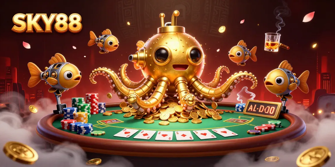 Experience the thrilling world of SKY88 with a dynamic 3D illustration of a kraken submarine amidst poker excitement.