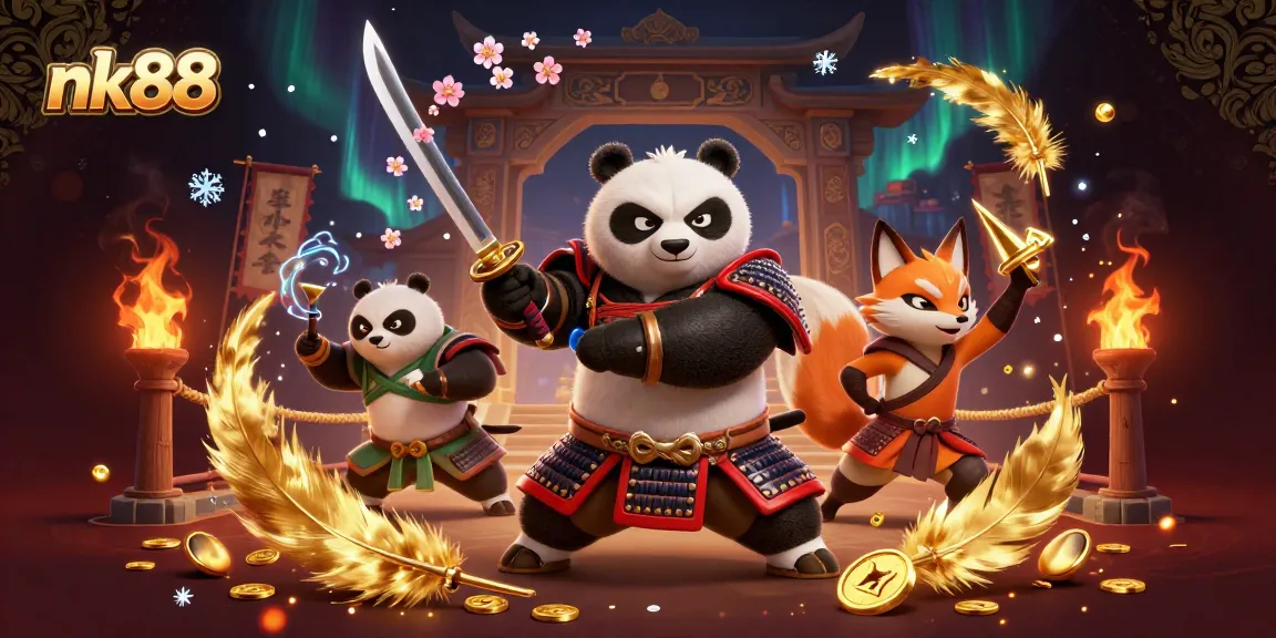 nk88 offers an engaging online gaming experience with a captivating samurai panda, ninja fox, and tanuki spirit in an energetic scene.