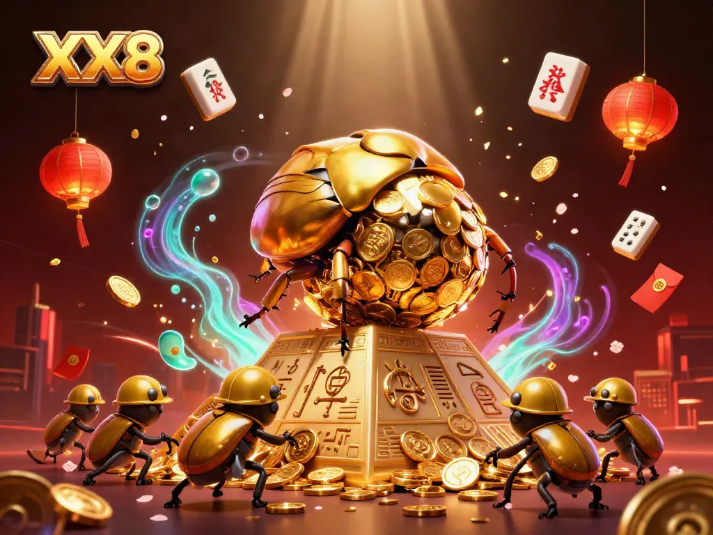 Experience the thrill with the XX8 illustrated casino adventure, featuring golden beetles and vibrant game elements.