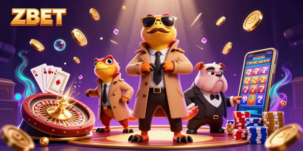 ZBET raptors clashing with a bulldog bouncer in a vibrant casino scene filled with gold coins and excitement.