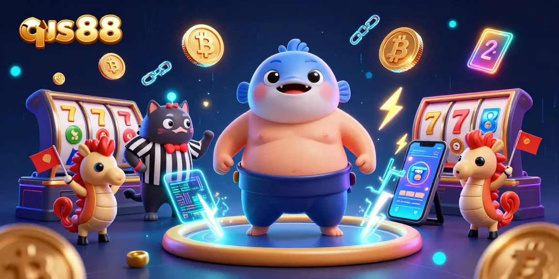 Engage in vibrant qs88 gaming action with a lucky blowfish sumo battling in an underwater ring.