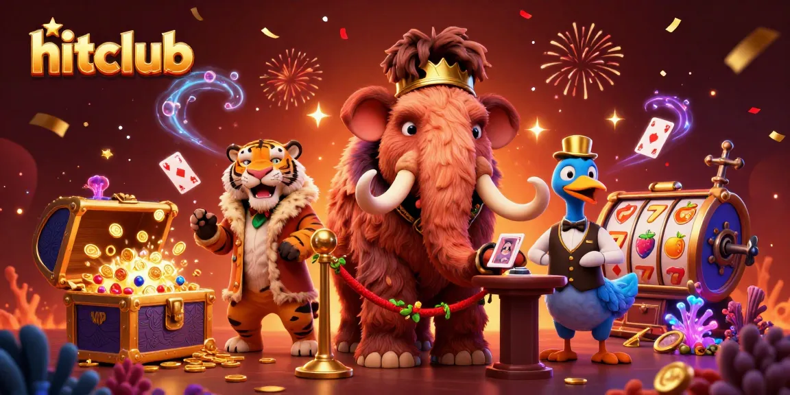 Hitclub showcases a vibrant casino scene with a mammoth bouncer, VIP saber-tooth tiger, and dazzling game elements.