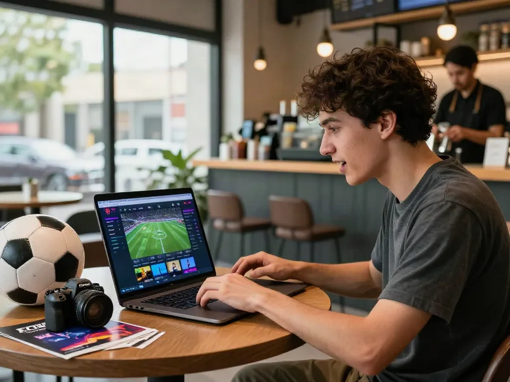 Engaging user on FC88 platform in lively coffee shop, reflecting dynamic online betting experience.