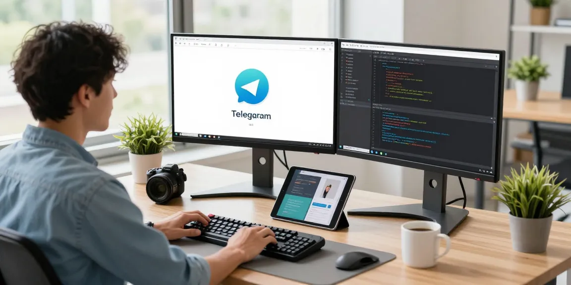 Telegram download depicted in a modern tech workspace showcasing a developer's setup with dual monitors and sleek gadgets.