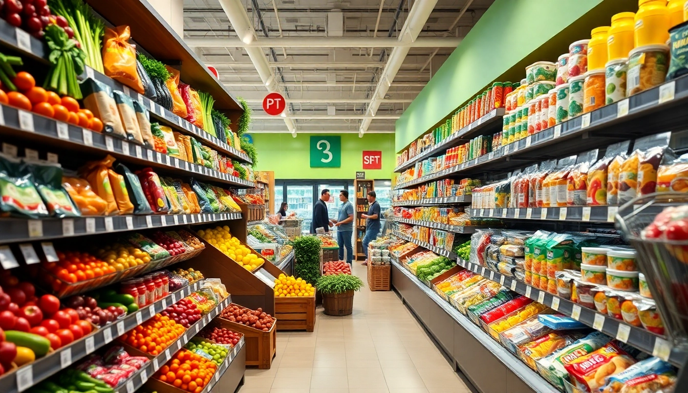 Shoppers exploring vibrant grocery sales in a well-stocked store aisle full of fresh produce and products.
