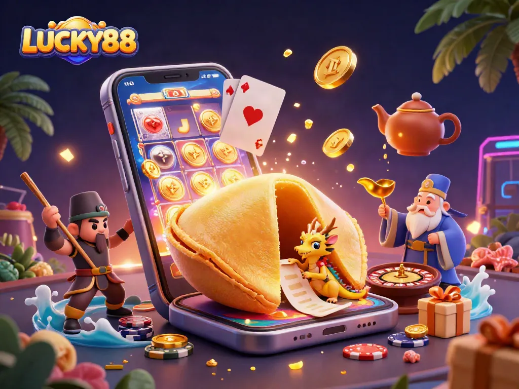 Spin the LUCKY88 reels with golden fortune cookies and a wise dragon in a vibrant casino scene.