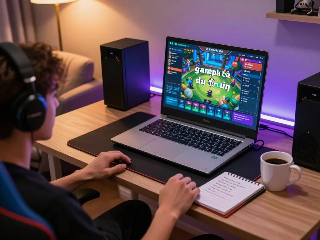 Playing game đánh bài đổi thưởng on a laptop in a cozy home gaming setup, highlighting strategy.