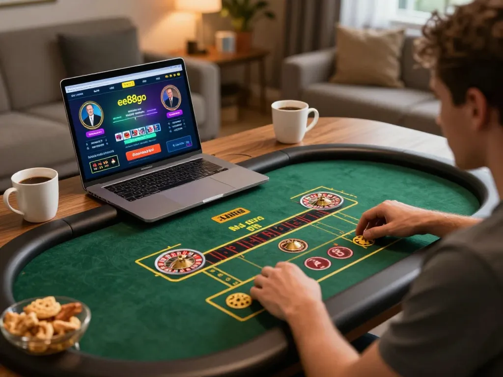 Player enjoying an online roulette game at home with ee88go interface displayed clearly on the laptop.