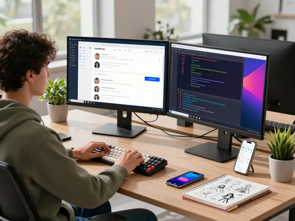 Developer coding CrushOn AI in a modern workspace with dual monitors and engaging interface.