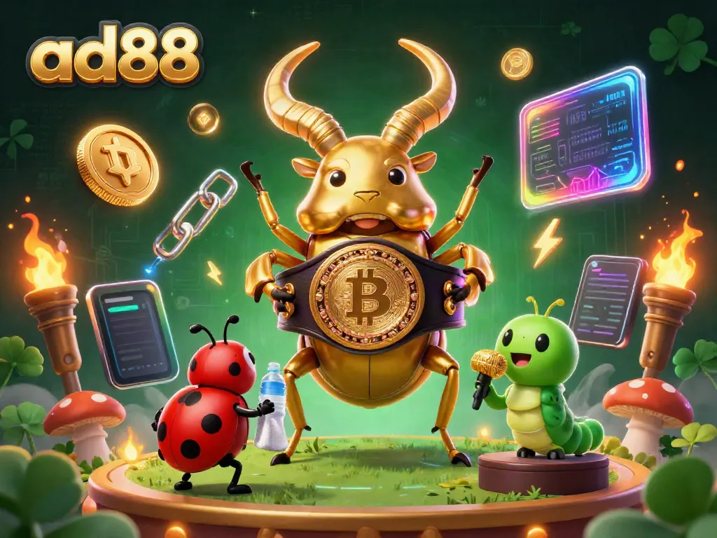 Engage with ad88's vibrant casino world featuring a golden stag beetle champion surrounded by crypto symbols.