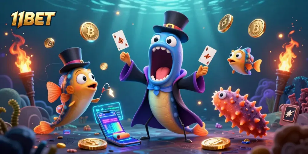 Engage with 11BET as a bioluminescent eel performs tricks in a vibrant underwater casino scene.