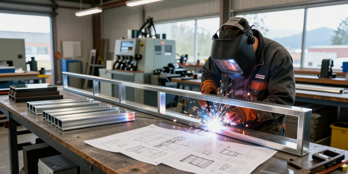 Expert in metal fabrication North Vancouver welding custom railings in a bright workshop.