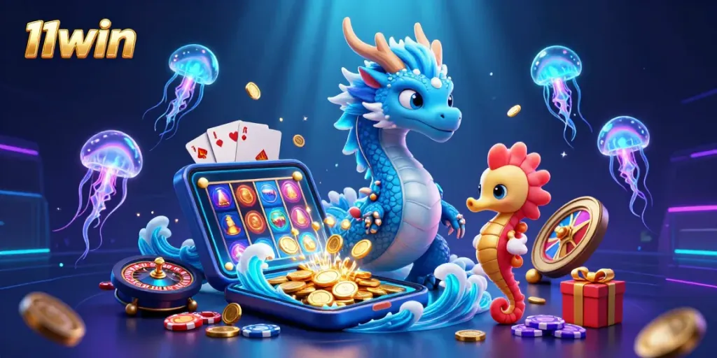 Experience the thrill of 11win gaming with vibrant visuals of an azure dragon, seahorse knight, and slot games.