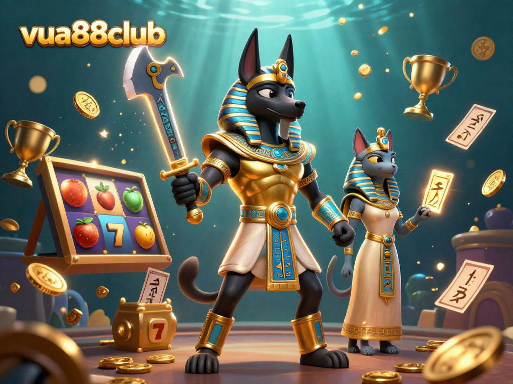 Experience the thrill at vua88club with a vibrant 3D casino scene featuring Anubis and Bastet.