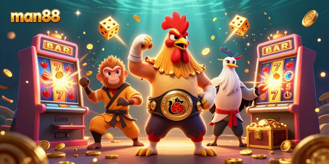 Experience the thrill of man88 casino with a dynamic scene of winning roosters and slot machines.