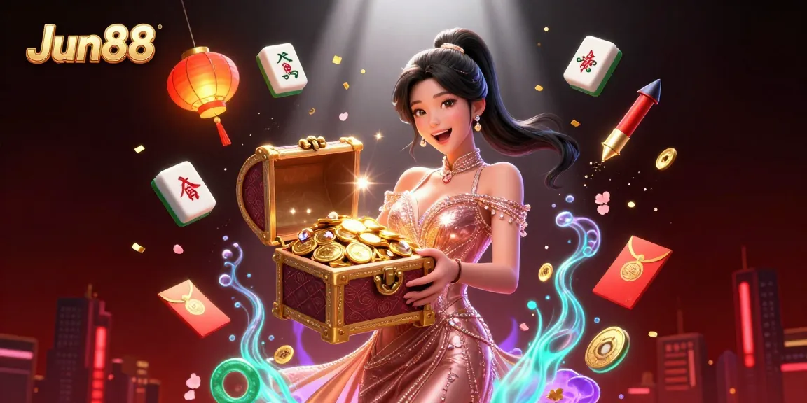 Win big at Jun88 with a stunning treasure chest overflowing with gold coins and gems!