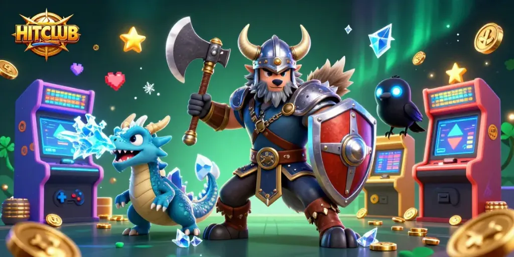 Engage in exciting HITCLUB gaming with Viking warriors and magical creatures in a dazzling casino setting.