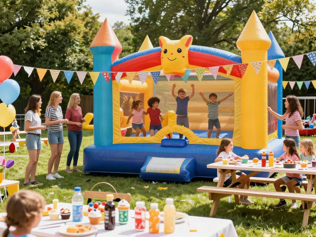Children enjoying an inflatable castle at a birthday party, surrounded by vibrant decorations.