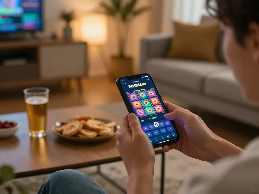 Player spinning slots on mm88star mobile app in cozy home setting with snacks.