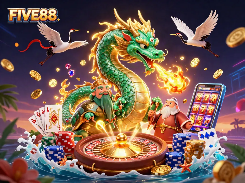 Experience thrilling action at FIVE88 with golden coins, vibrant dragons, and lucky symbols in a dynamic casino scene.
