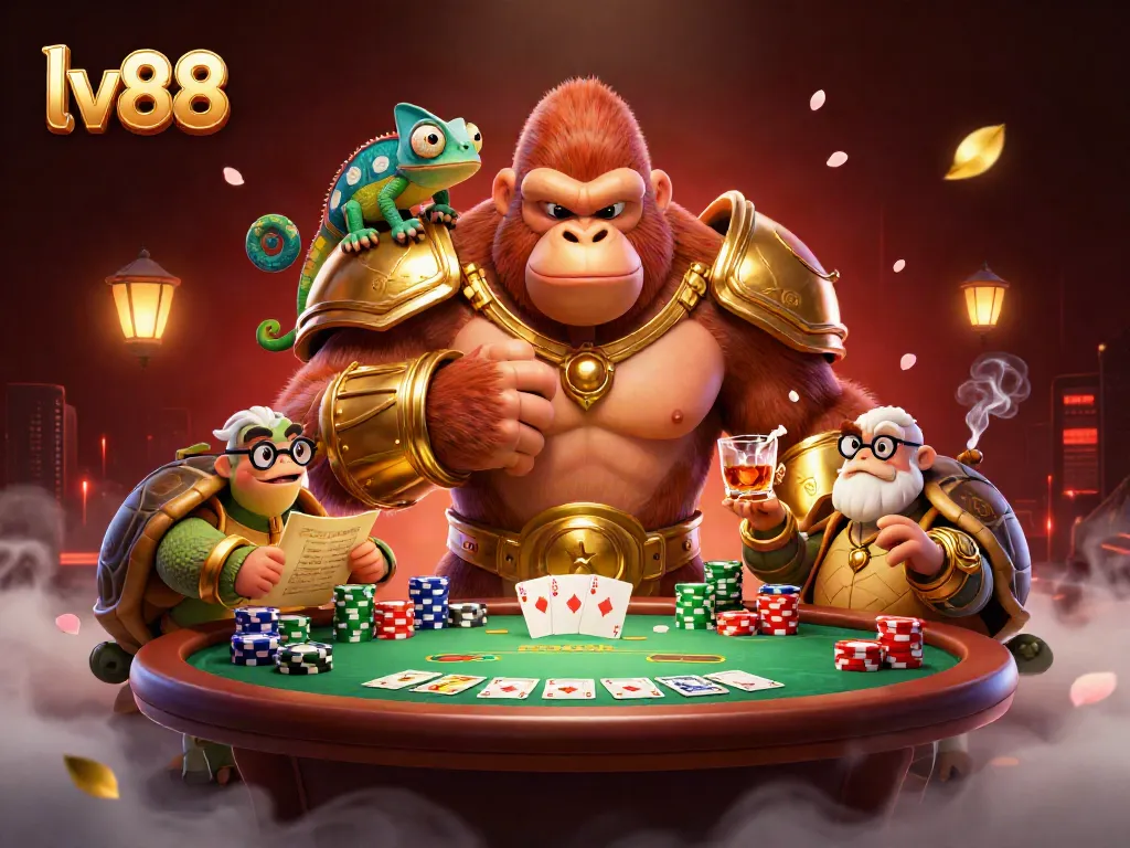 Experience thrilling gameplay at lv88 with a vibrant casino scene featuring a king gorilla and companions.