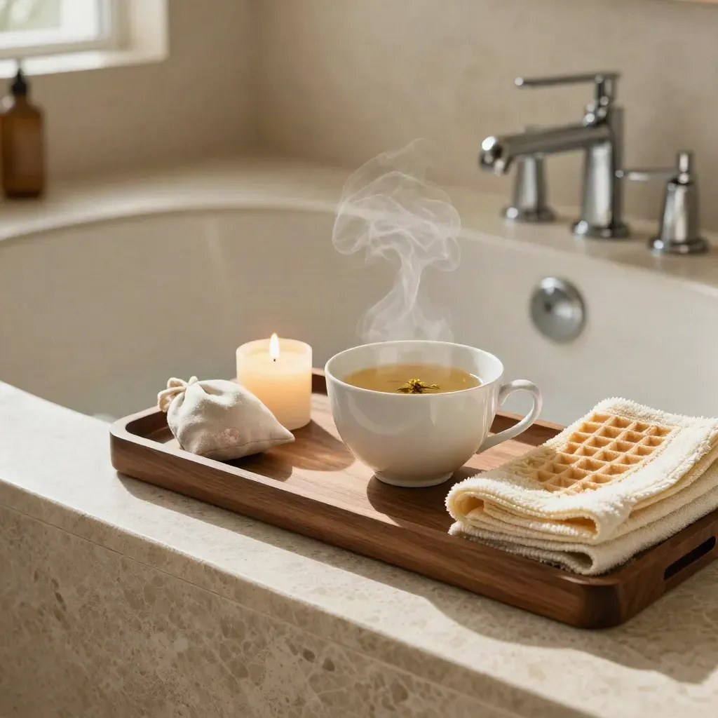 Chamomile tea, candle, salt pouch, and towel on a bath ledge with rising steam.