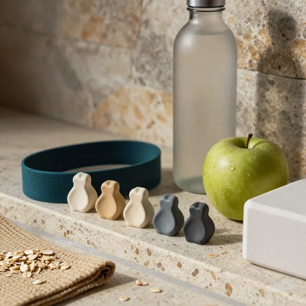 Ceramic habit tokens, resistance band, water bottle, apple and yoga block on travertine.