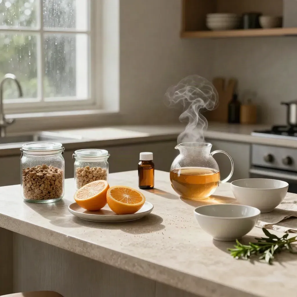 Morning wellness kitchen still life with meal prep, citrus, tea steam, herbs and supplement jars.
