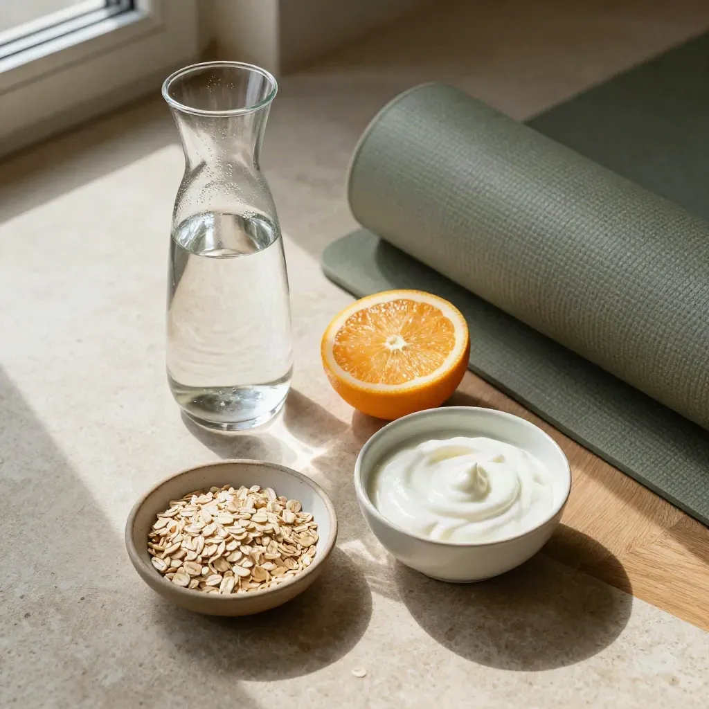 Overhead wellness flatlay with water carafe, citrus, oats, yogurt, and a rolled mat at a bright threshold.