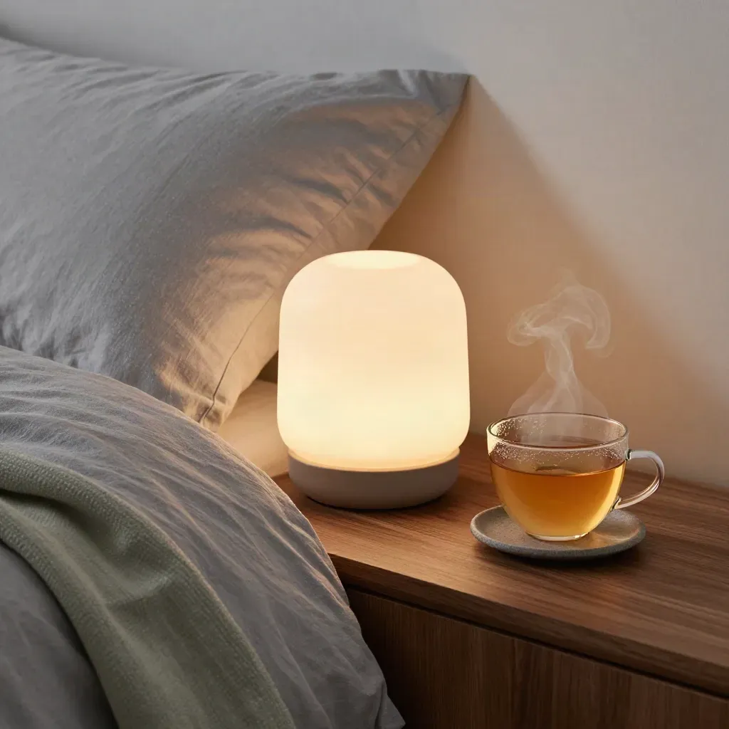 Bedside calm zone with lamp, herbal tea, folded blanket and pillow in soft steam
