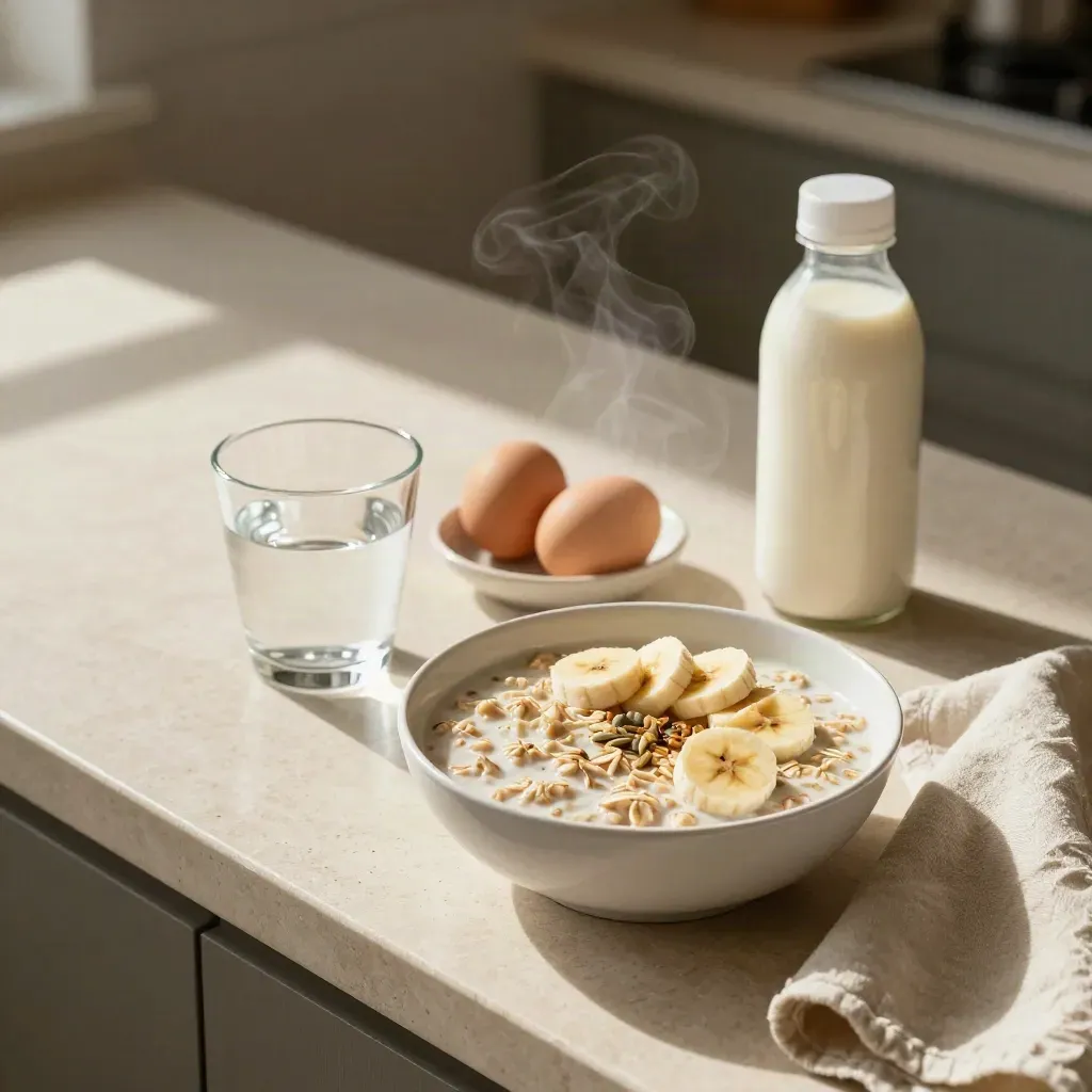 Overhead breakfast spread with oats, banana, eggs, water and supplement bottle on a pale counter.
