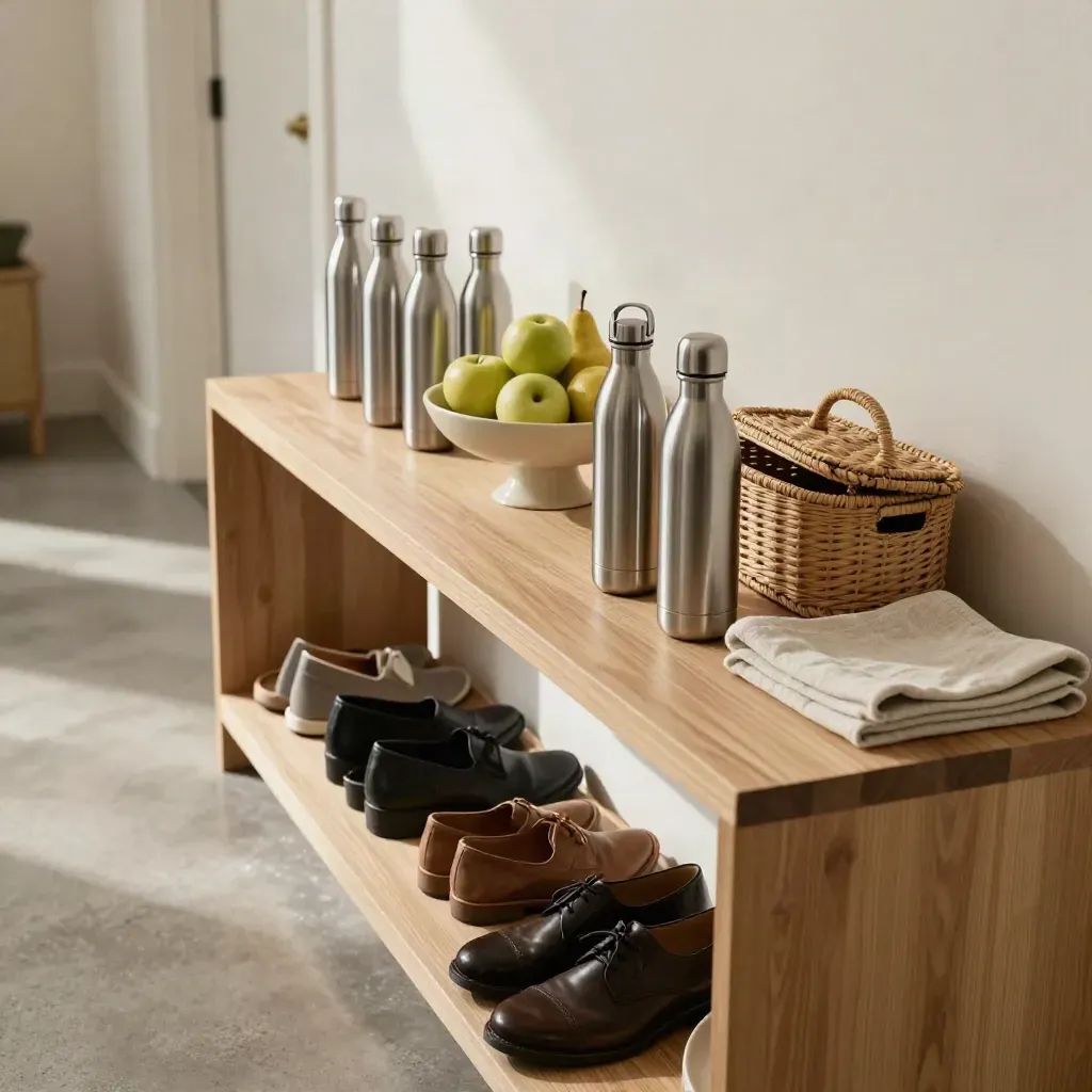Entryway routine station with steel water bottles, fruit bowl, shoes, and woven basket in bright daylight