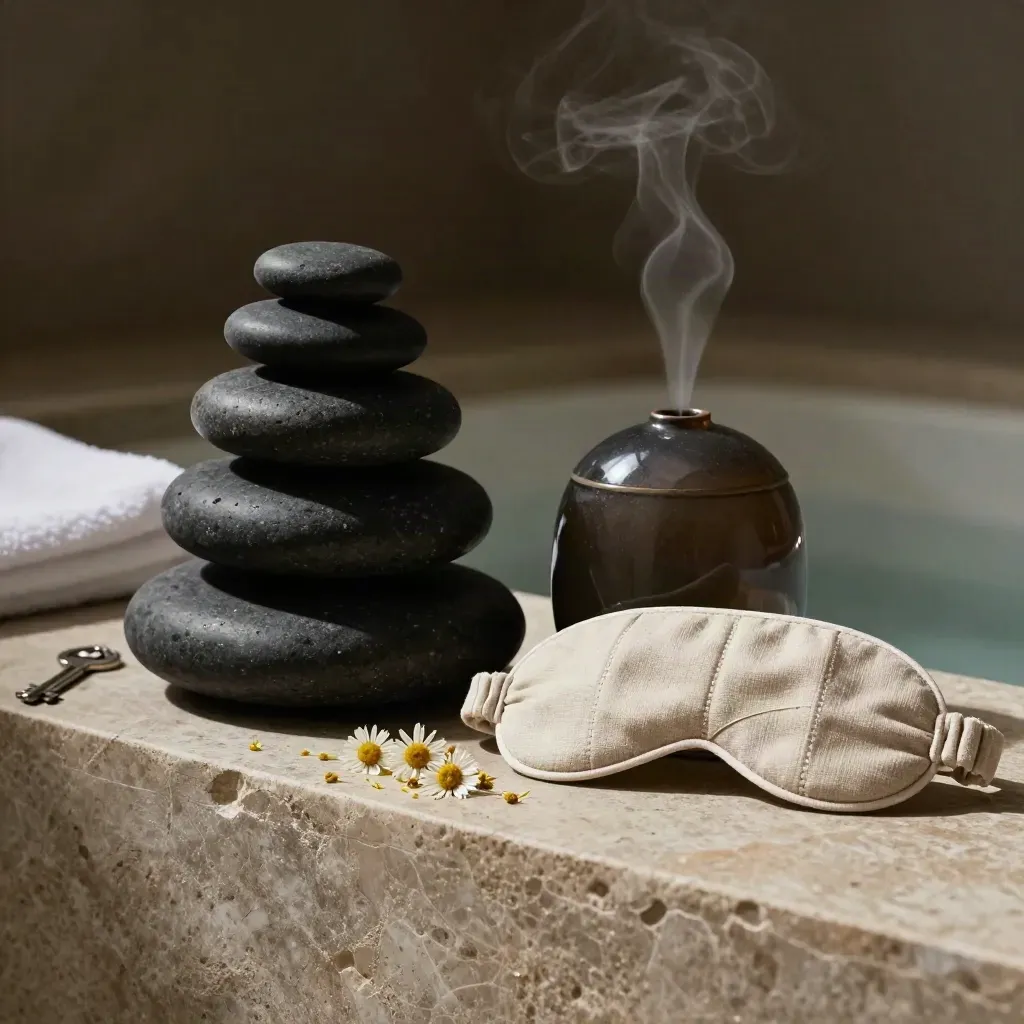 Basalt stones, chamomile sachets, a weighted eye mask and diffuser on a spa shelf in soft steam