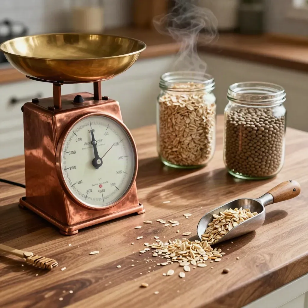 Copper scale, grain scoop, jars of oats and lentils, and citrus press on a walnut counter.