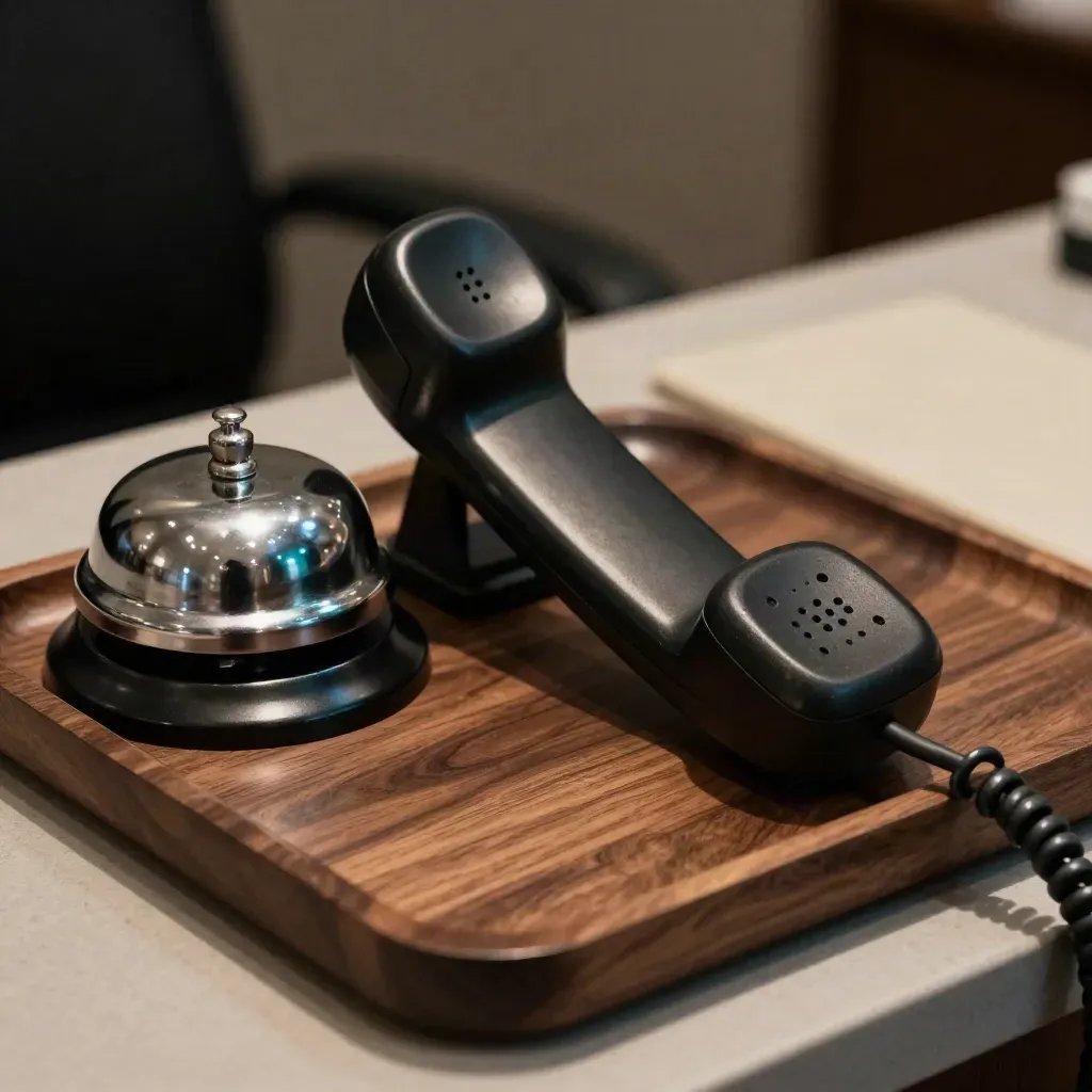 Cordless phone, desk bell and charging dock on a walnut tray in soft office light.