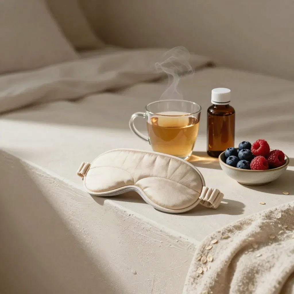 Sleep mask, herbal tea, amber bottle and berries on a calm bedside ledge