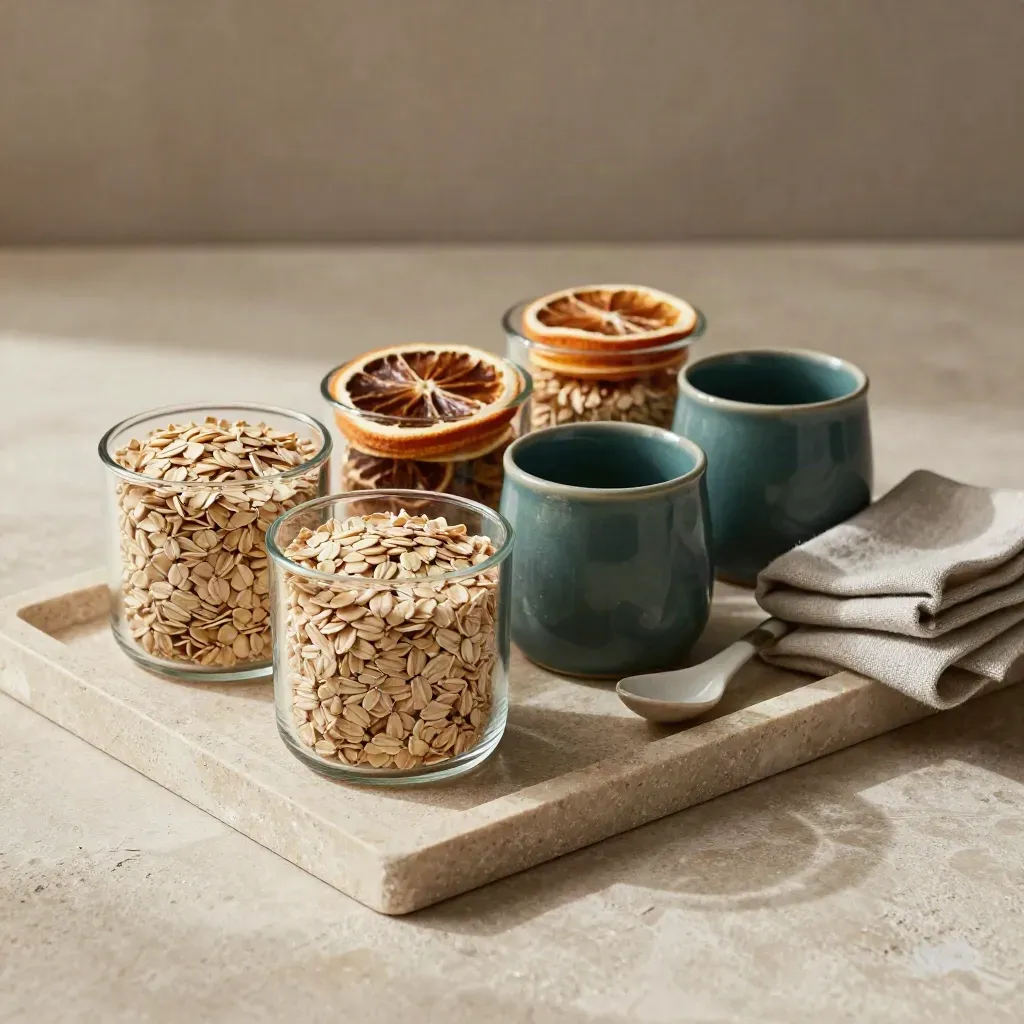 Glass jars, oats, citrus, ceramic spoon and linen cloths arranged on a stone tray.