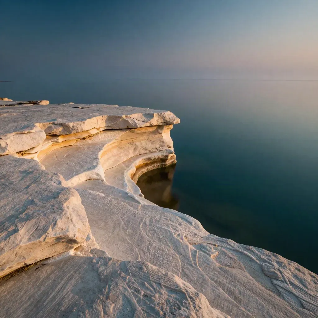 Hazy blue-hour limestone shoreline with still teal water and calm copy space