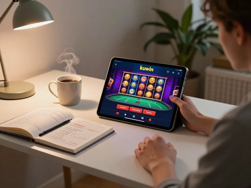 Kuwin com user strategizing gameplay on a tablet in a cozy home gaming environment.