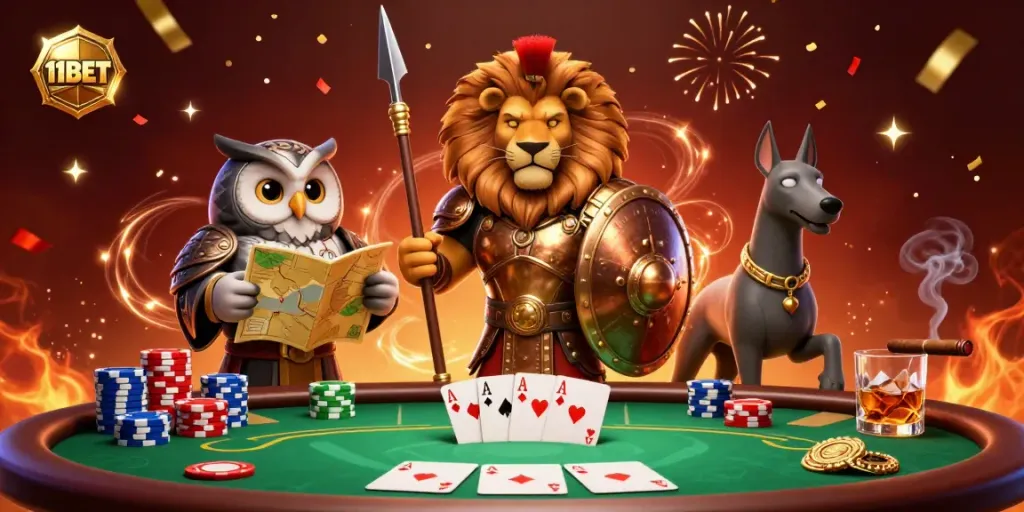 Bet big with 11BET featuring dazzling poker elements and animated characters in action.