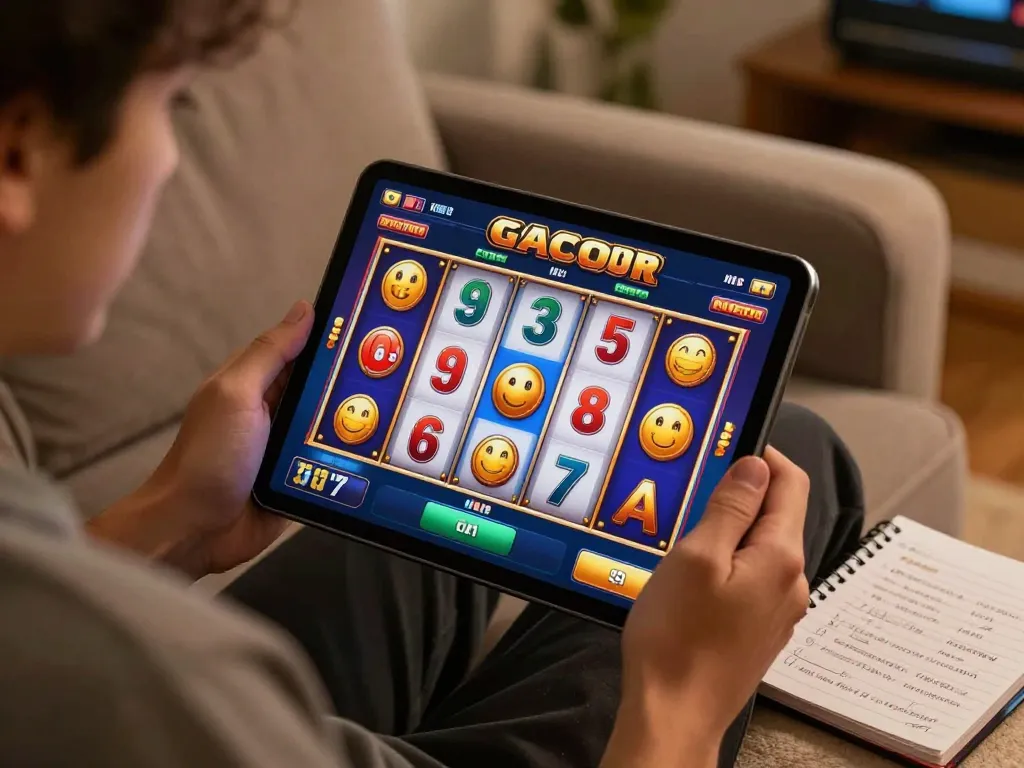 Gamer playing slot gacor game on tablet, showcasing exciting potential wins in a cozy home setting.