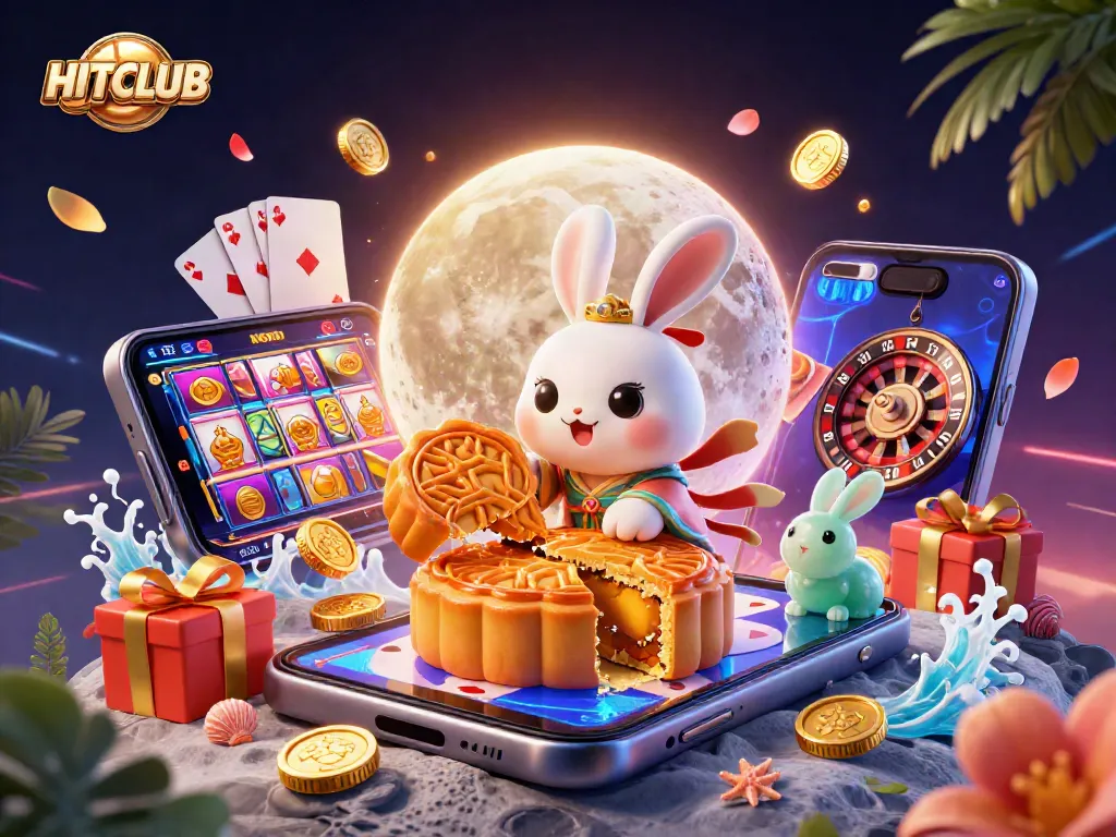 Play slots with HITCLUB as moon rabbit reveals poker chips amidst vibrant casino elements.