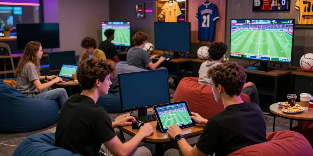 Engaged young adults enjoying the lively atmosphere of Streek Sportsbook Canada during a sports betting event.
