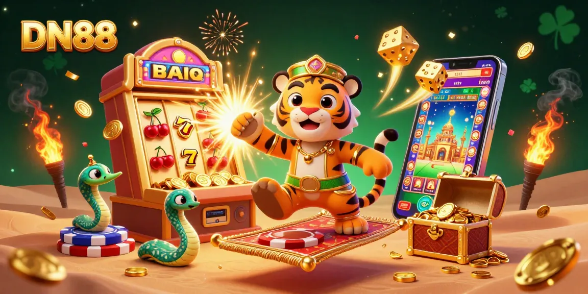 Experience excitement at DN88 with a vibrant 3D casino scene illustrating winning moments of big jackpots and immersive action.