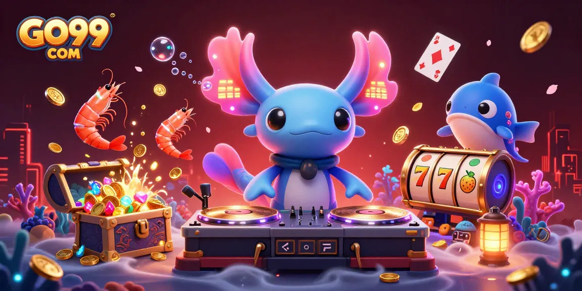 Engage with GO99 COM's vibrant underwater casino scene featuring dynamic characters and thrilling game elements.