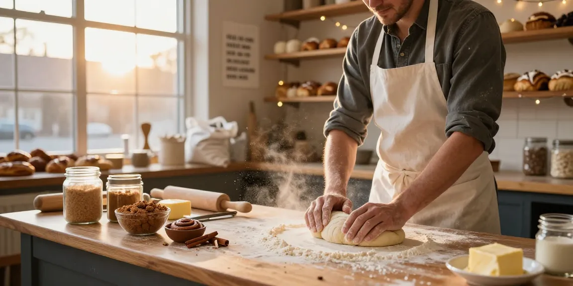 Freshly baked pastries in Calgary, featuring handmade cinnamon buns being prepared by a baker in a warm bakery.