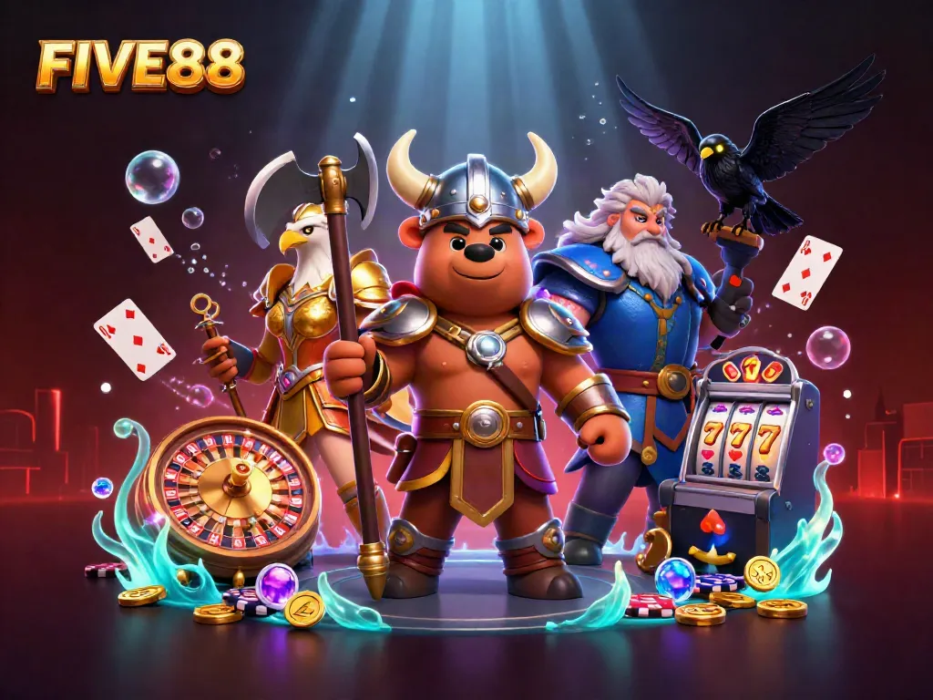 Experience thrilling gaming action at FIVE88 with dynamic characters and vibrant casino elements.