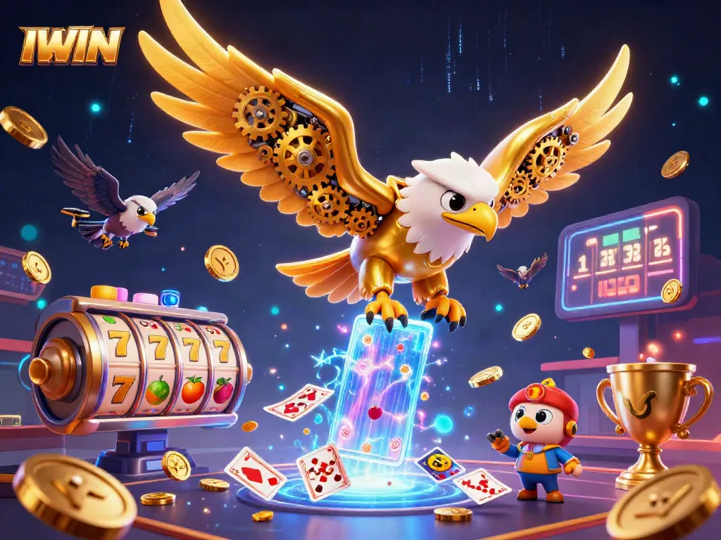 IWIN casino illustration featuring a golden eagle and dynamic slot elements with vibrant effects