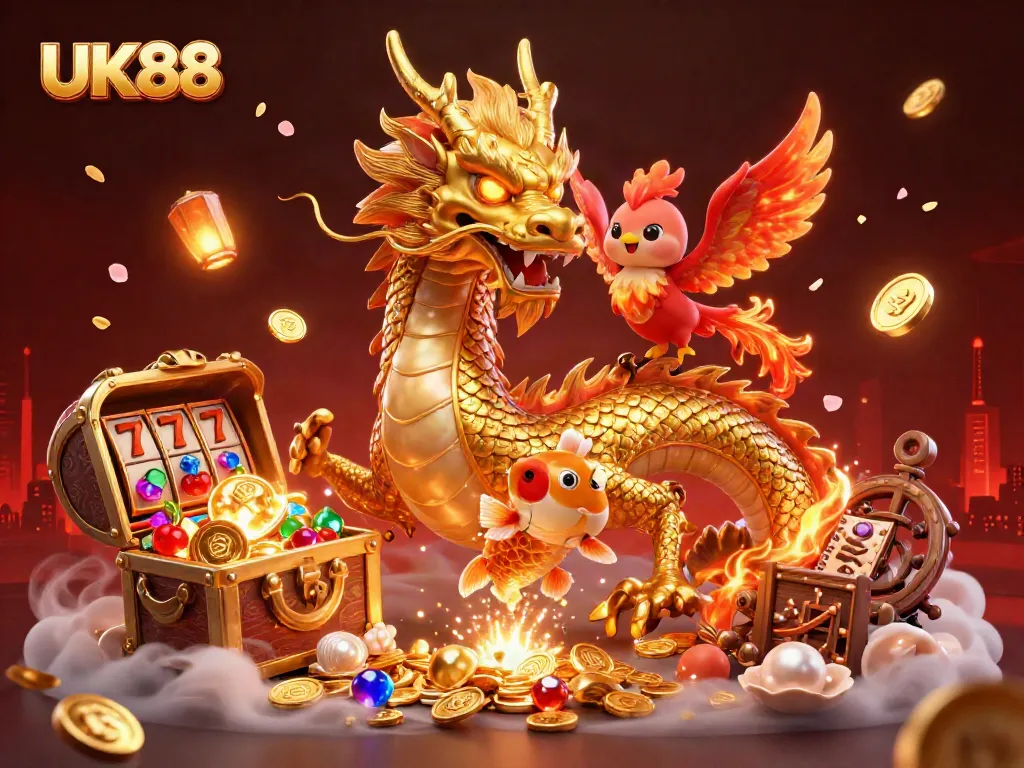 Experience thrilling action with UK88 in a vibrant 3D illustration featuring a golden dragon and lucky symbols.